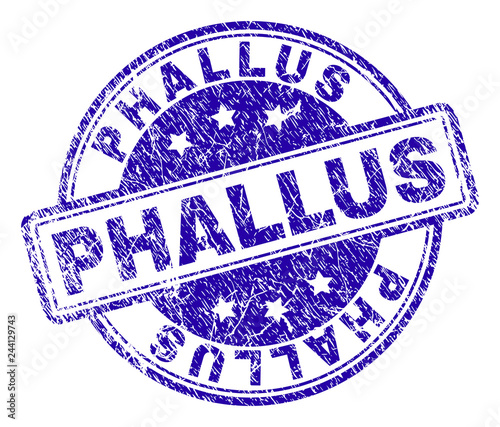 PHALLUS stamp seal watermark with grunge texture. Designed with rounded rectangles and circles. Blue vector rubber print of PHALLUS tag with dust texture.