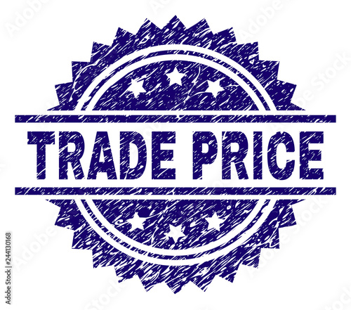 TRADE PRICE stamp seal watermark with distress style. Blue vector rubber print of TRADE PRICE label with scratched texture.