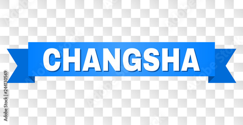 CHANGSHA text on a ribbon. Designed with white caption and blue stripe. Vector banner with CHANGSHA tag on a transparent background.