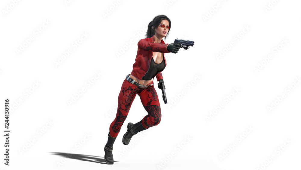 Action girl shooting guns, woman in red leather suit with hand weapons running on white background, 3D rendering