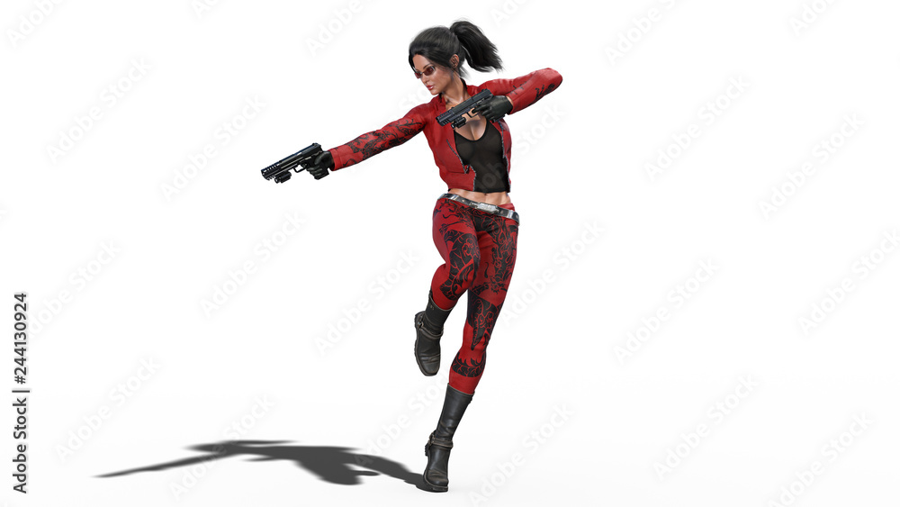 Action girl in jump shooting guns, woman in red leather suit with hand weapons isolated on white background, 3D rendering