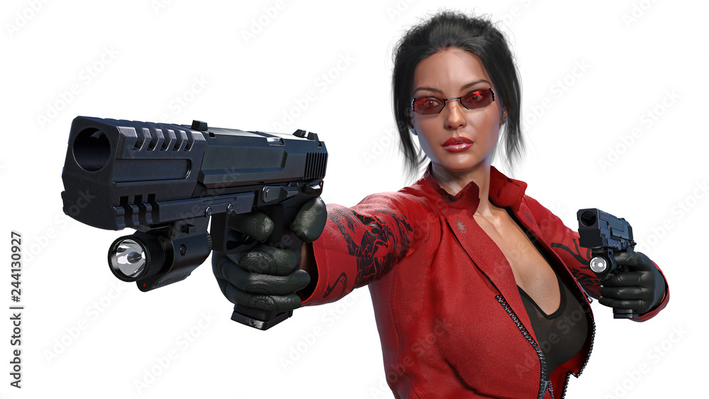 Action girl shooting guns, woman in red leather suit with hand weapons isolated on white background, front view, 3D rendering Action girl shooting guns, woman in red leather suit with hand weapons isolated on white background, front view, 3D rendering