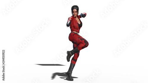 Action girl shooting guns, woman in red leather suit with hand weapons isolated on white background, 3D rendering
