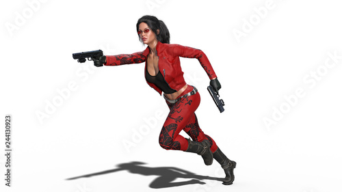 Action girl shooting guns, woman in red leather suit running with hand weapons on white background, 3D rendering