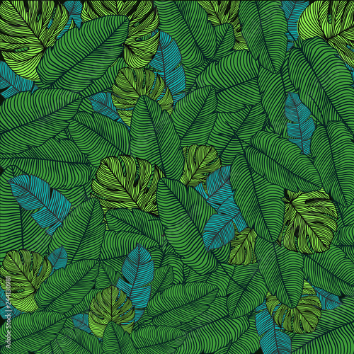 Leaves pattern, jungle background, monstera print, vector hand drawn watercolor illustration