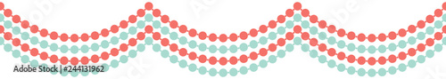 Multicolor strands of pearls alternate between coral and turquoise in this seamless vector border. Pretty, feminine, swagged necklace background. For fashion, home decor, textiles and stationery use.