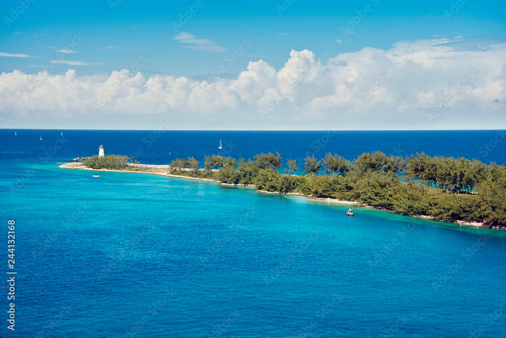 view of the lighthouse on the tip of Paradise Island in Nassau, Bahamas