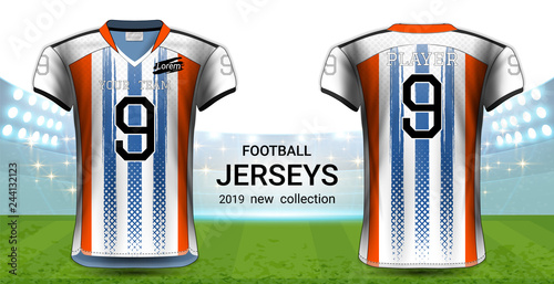 American Football or Soccer Jerseys Uniforms, Realistic Graphic Design Front and Back View for Presentation Mockup Template, Easy Possibility to Apply Your Artwork, Text, Image, Logo (Eps10 Vector)