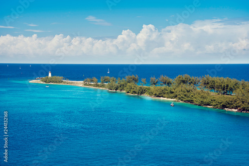 view of the lighthouse on the tip of Paradise Island in Nassau, Bahamas