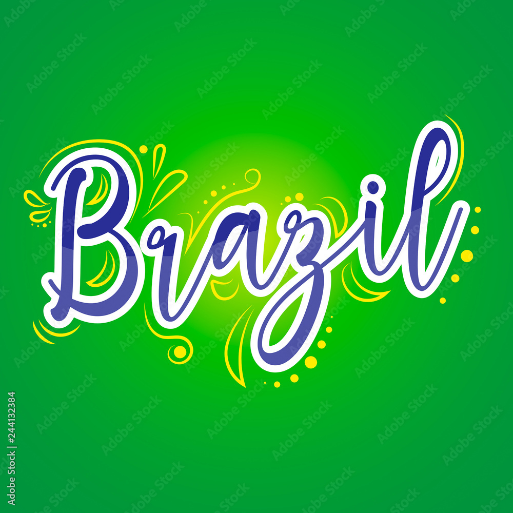 Brazil en color azul sobre fondo verde acompañada de ornamentos