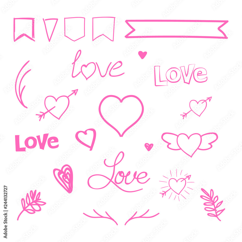 Happy Valentine's Day Abstract garland hand drawn collection, hearts, patterns, hand drawn, flat and letters.isolated on white background. eps10