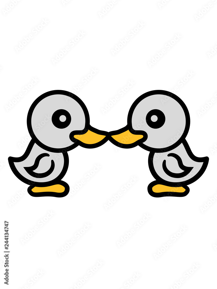 Obraz premium 2 freunde team paar kuss küssen liebe verliebt huhn küken baby vogel kleines kind süß niedlich comic cartoon clipart ente design