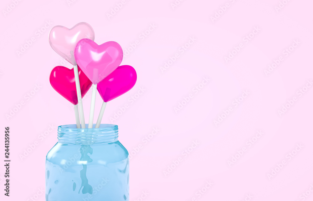 3d rendering. Sweet Valentine's day heart shape lollipop candy in blue glass jar with pink background. Love Concept. Minimalism colorful hipster style.