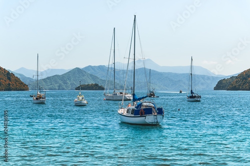 Beautiful bay with yachts and boats. Blue sea, blue sky, and mountains for background. Picton, South Island New Zealand