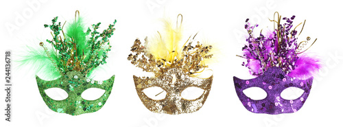 Collection of colorful Mardi Gras masks isolated on white