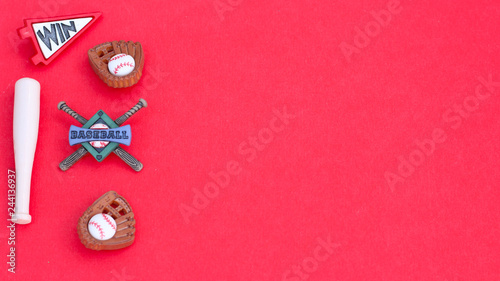 Photography baseball mitts and ball with baseball banner on a red background with writing sp