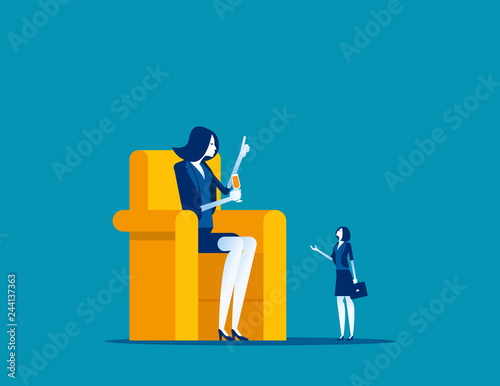 Big boss sitting on chair and talking employee. Concept business vector illustration, Meeting, Communication, Large