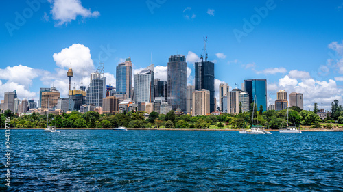 Ocean and Sydney CBD skyline landscape panorama during a summer day in Sydney Australia