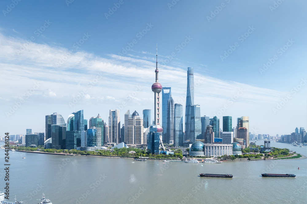 shanghai skyline against a sunny sky
