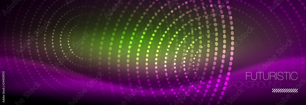 Glowing neon circle line dots, round line design, abstract style on black background. Neon abstract round circles Magic neon lights and glowing dots Glowing neon circle line dots, round line design, abstract style on black background. Neon abstract round circles Magic neon lights and glowing dots