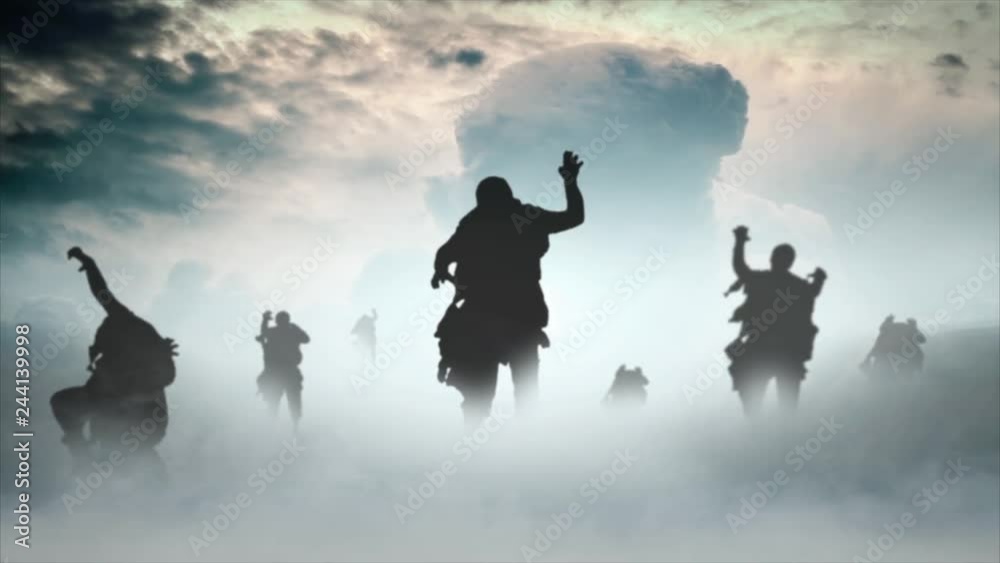 Zombie Apocalypse Mushroom Cloud 4K features zombies walking forward in a roiling fog with a nuclear explosion in the background