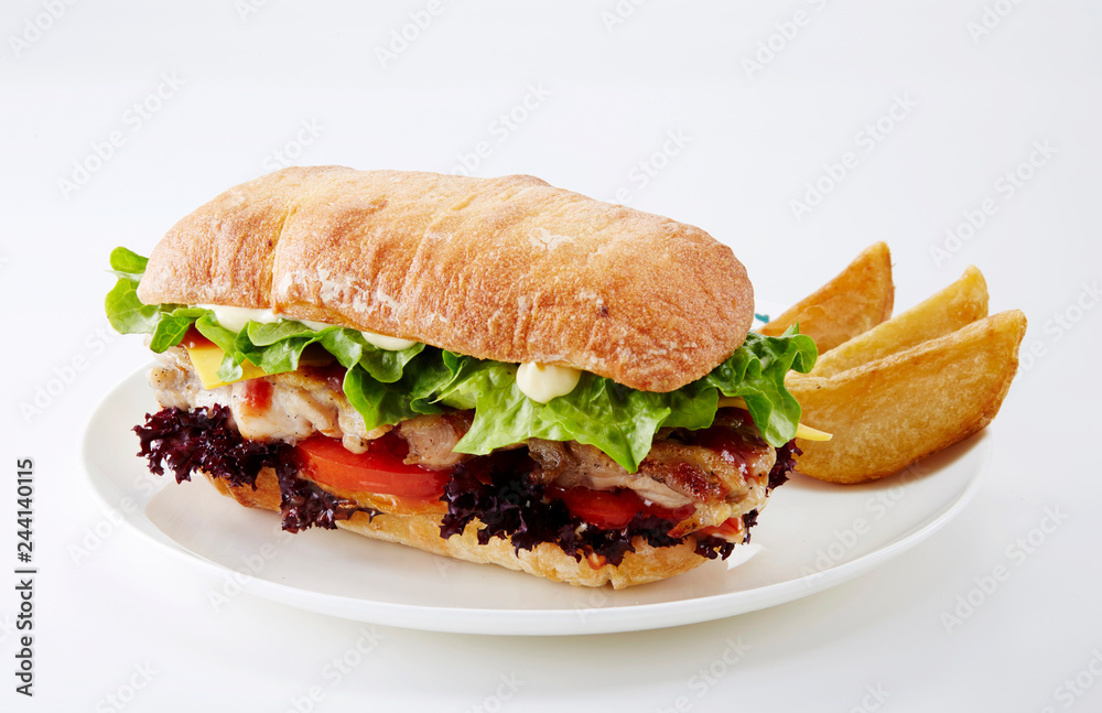 Delicious chicken hamburger on a white background Delicious chicken hamburger on a white background