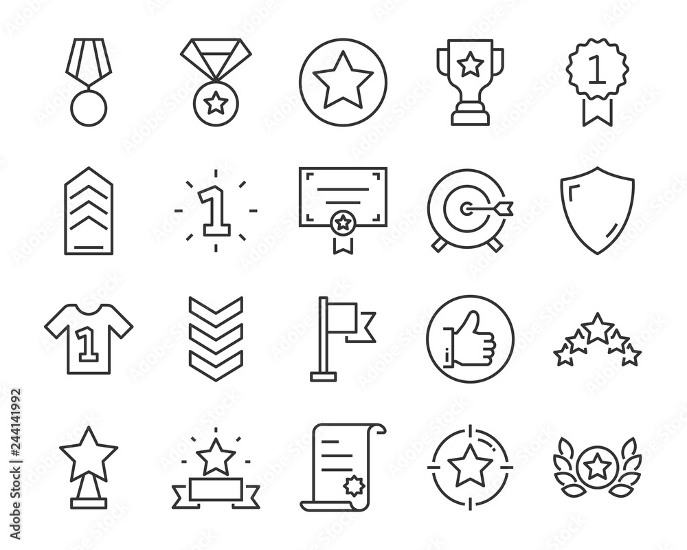 set of award line icons, such as star, champion, prize, acheivement, winner, trophy, glory, certificate set of award line icons, such as star, champion, prize, acheivement, winner, trophy, glory, certificate