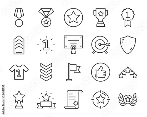 set of award line icons, such as star, champion, prize, acheivement, winner, trophy, glory, certificate