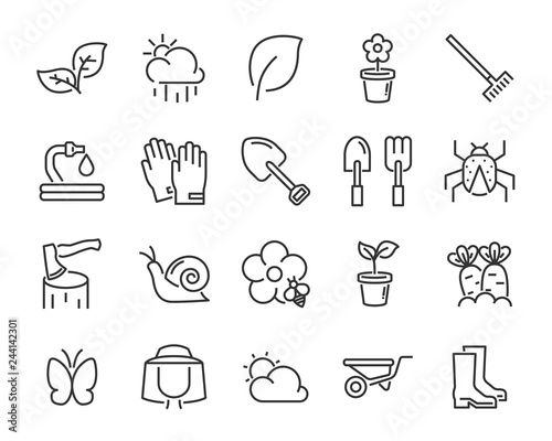set of spring icons , such as harvest, farm, easter, flower, rain, garden
