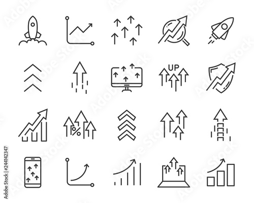 set of rising icons, such as test, boost, up, rise, increase, fast photo