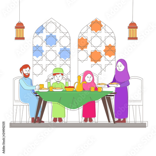 Family Iftar meaning is breaking their fast in the month of Ramadan vector illustration design