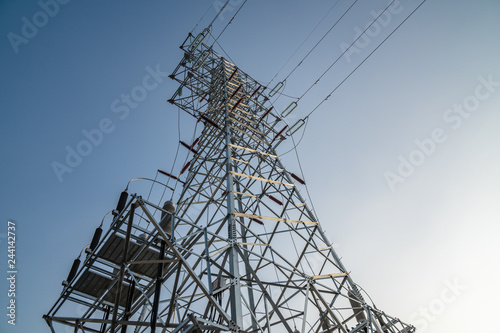 Obraz na płótnie power transmission tower on background of blue sky w salonie