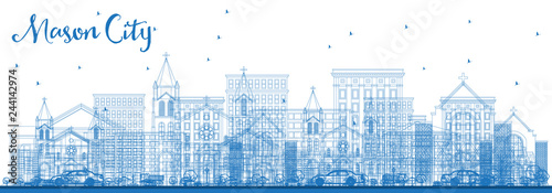 Outline Mason City Iowa Skyline with Blue Buildings.