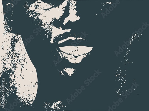 Face front view. Elegant silhouette of a female head. Surprised beautiful woman with open mouth. Grunge distress texture.