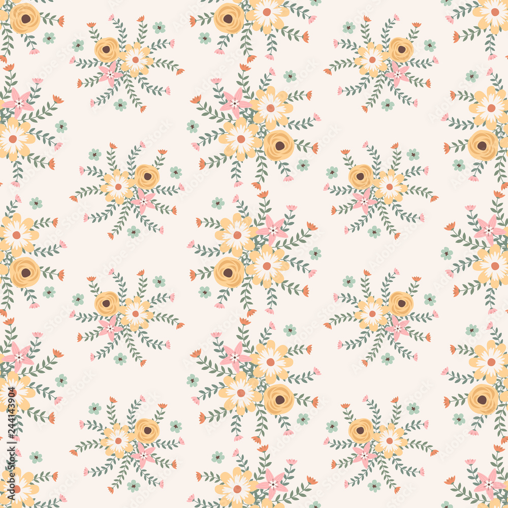 Floral vector artwork for apparel and fashion fabrics, Spring flowers wreath ivy style with branch and leaves. Seamless patterns background.