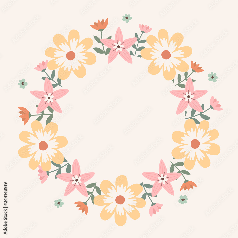 Floral greeting card and invitation template for wedding or birthday anniversary, Vector circle shape of text box label and frame, Spring flowers wreath ivy style with branch and leaves.