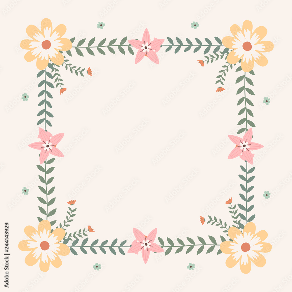 Floral greeting card and invitation template for wedding or birthday anniversary, Vector square shape of text box label and frame, Spring flowers wreath ivy style with branch and leaves.