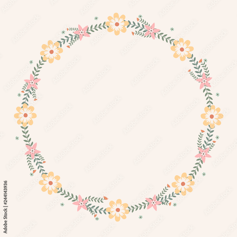Floral greeting card and invitation template for wedding or birthday anniversary, Vector circle shape of text box label and frame, Spring flowers wreath ivy style with branch and leaves. Floral greeting card and invitation template for wedding or birthday anniversary, Vector circle shape of text box label and frame, Spring flowers wreath ivy style with branch and leaves.