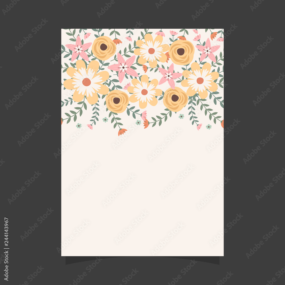 Common size of floral greeting card and invitation template for wedding or birthday anniversary, Vector shape of text box label and frame, Spring flowers wreath ivy style with branch and leaves.