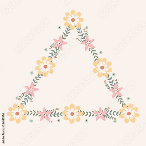 Floral greeting card and invitation template for wedding or birthday anniversary, Vector triangle shape of text box label and frame, Spring flowers wreath ivy style with branch and leaves.