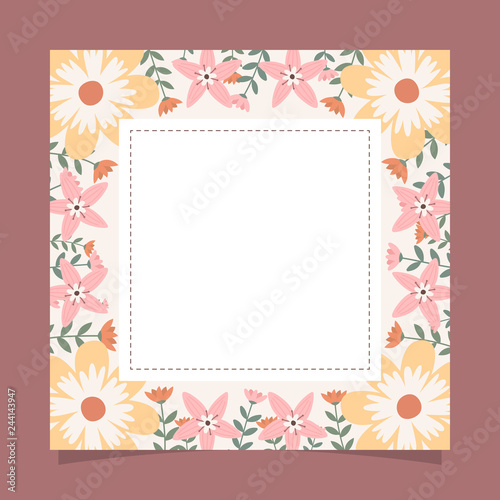 Floral greeting card and invitation template for wedding or birthday anniversary, Vector square shape of text box label and frame, Spring flowers wreath ivy style with branch and leaves.