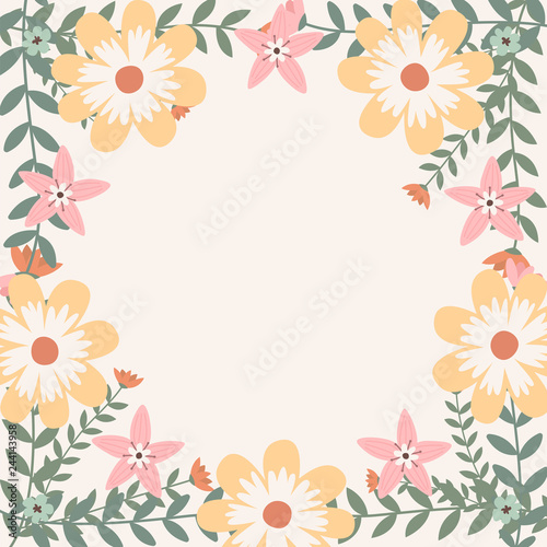 Floral greeting card and invitation template for wedding or birthday anniversary  Vector circle shape of text box label and frame  Spring flowers wreath ivy style with branch and leaves.
