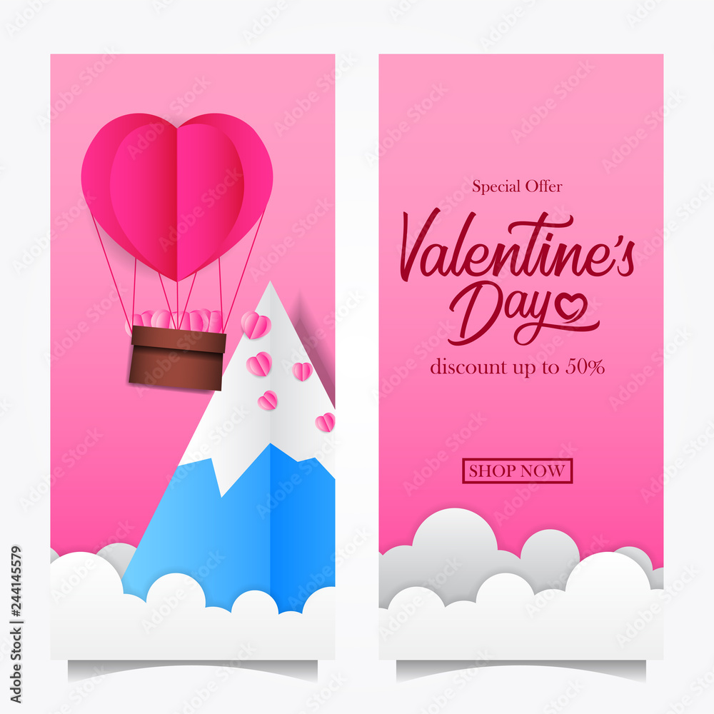 valentine's day sale offer discount promotion event banner card coupon template with mountain and cloud with flying hearth balloon paper craft style