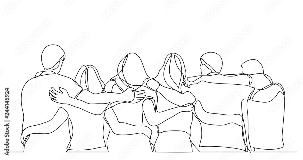 group of men and women standing together showing their friendship - one line drawing - obrazy, fototapety, plakaty 