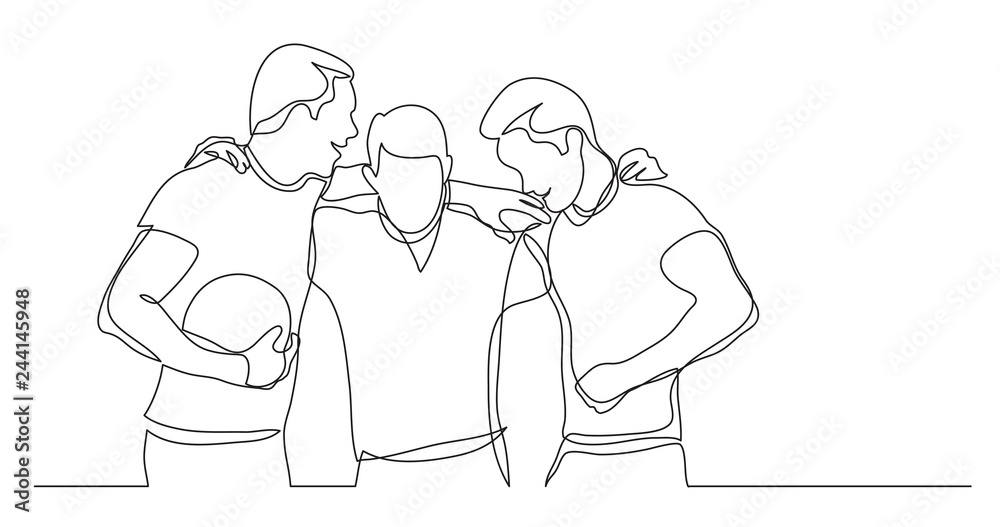team of young male athletes standing together holding ball - one line drawing team of young male athletes standing together holding ball - one line drawing
