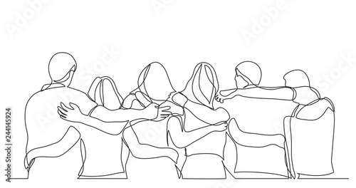 group of men and women standing together showing their friendship - one line drawing