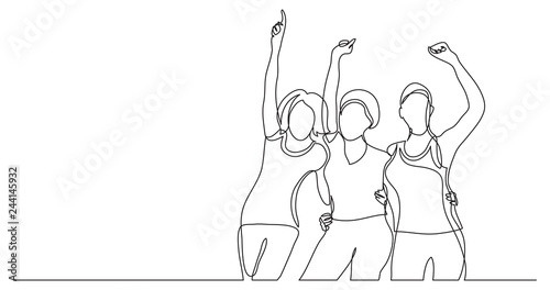 team of african-american female activists standing together as winners - one line drawing