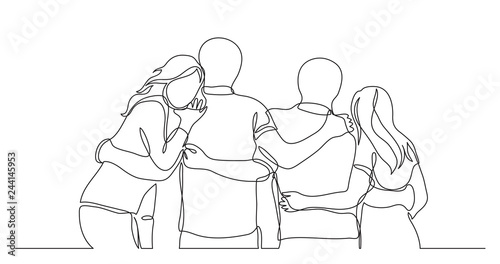 youth company of happy friends standing together - one line drawing
