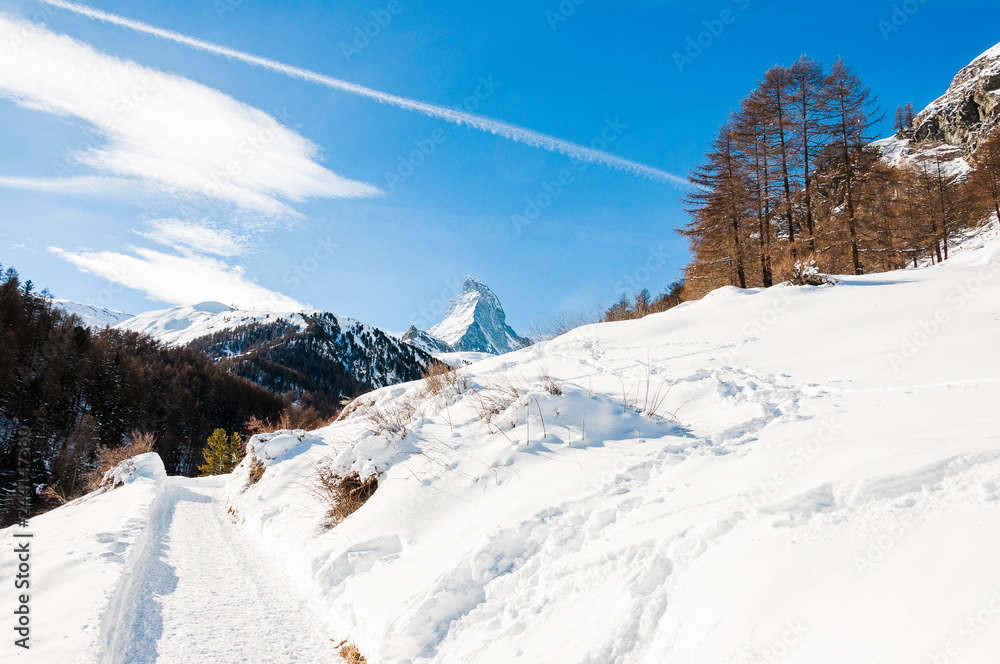 Zermatt, Furi, Zmutt, Matterhorn, zum See, Blatten, Winterwanderung, Wintersport, Wanderweg, Wallis, Walliser Dorf, Winter, Schweiz