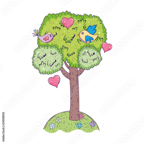 tree plant with birds couple and hearts
